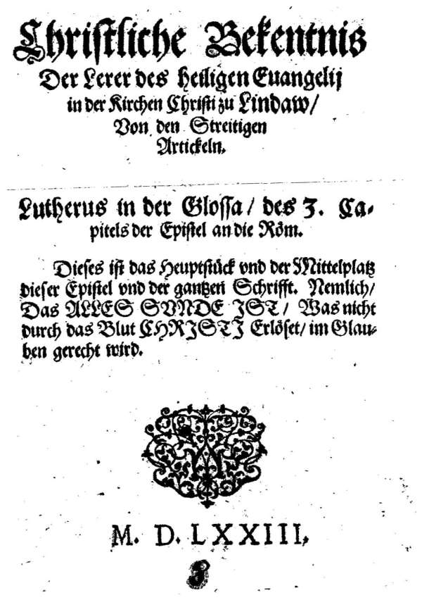 Druck einer Lindauer Bekenntnisschrift, 1573.
