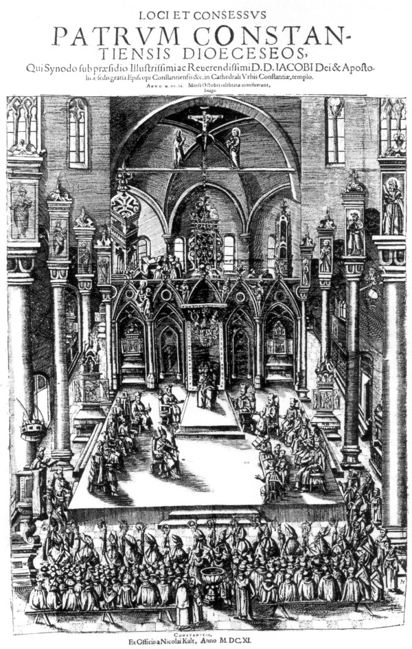 Diözesansynode im Münster Konstanz. Kupferstich, 1611.